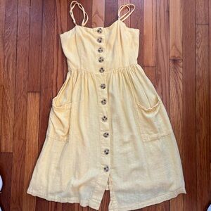 Yellow Linen Button Tank Dress with Pockets
